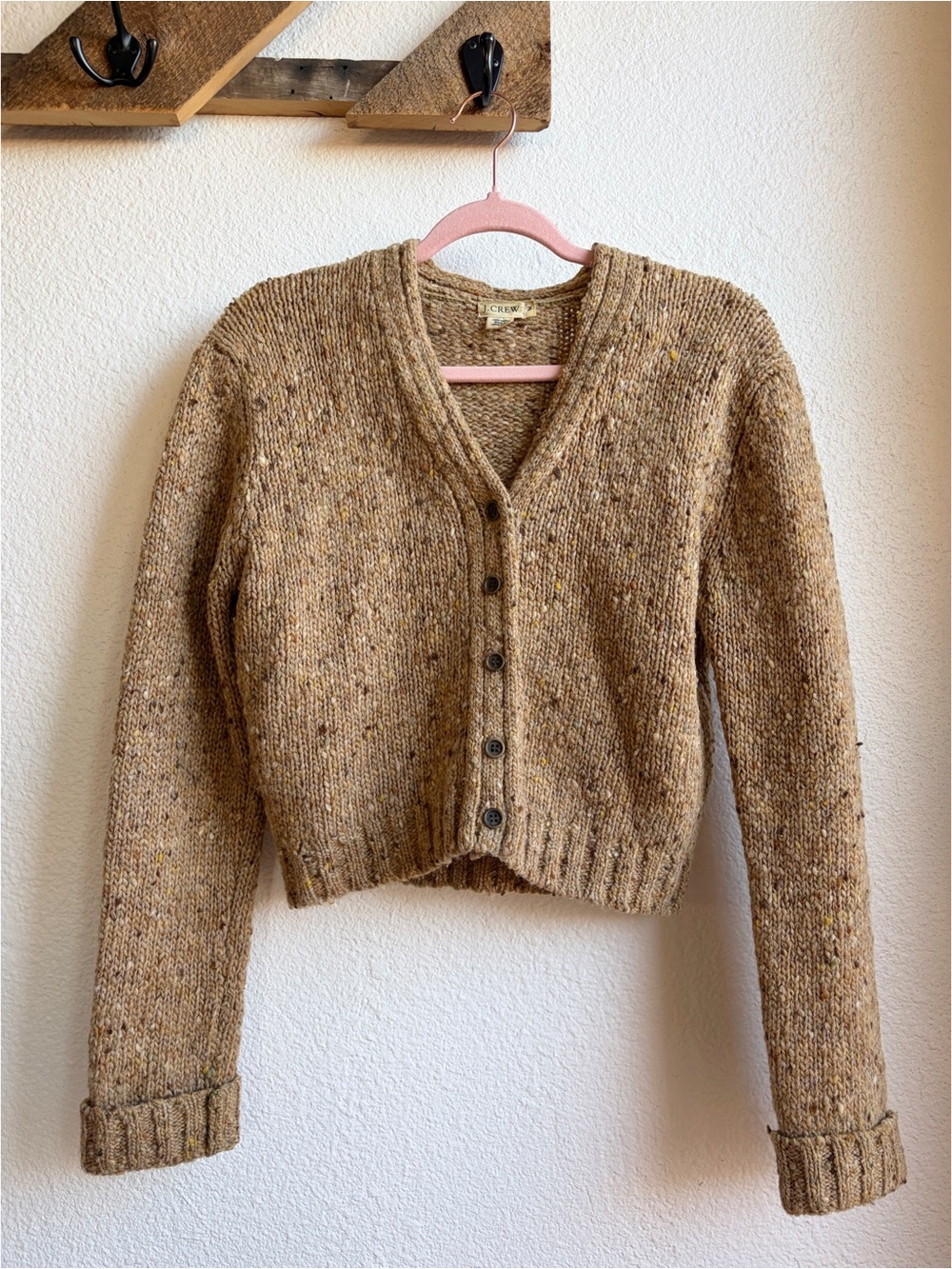 Vintage 90s J Crew Speckled Tan Wool Cropped Cardigan